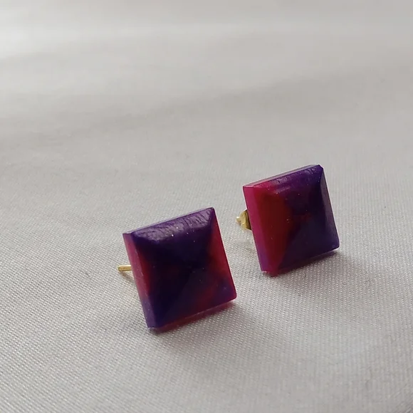 Hand Crafted Pink and Purple Earrings Square Design - Picture 2 of 3